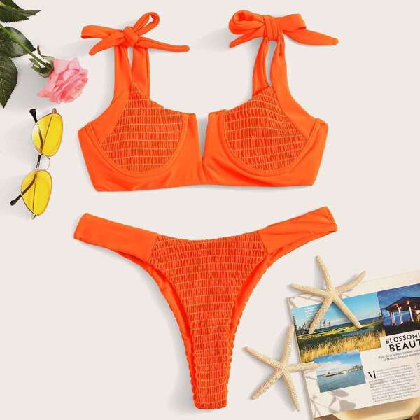 

Smocked Self Tie Top With High Cut Bikini Set