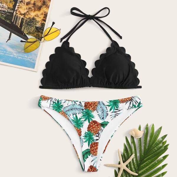 

Scalloped Trim Halter Top With Random Pineapple Bikini, Multicolor