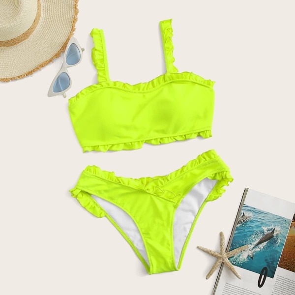 

Neon Lime Frill Trim Top With Panty Bikini Set
