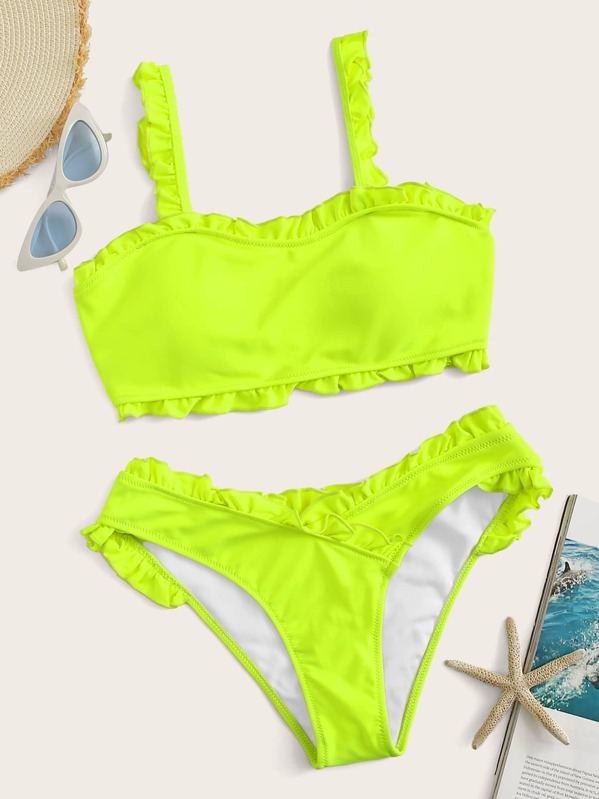 

Neon Lime Frill Trim Top With Panty Bikini Set, Green