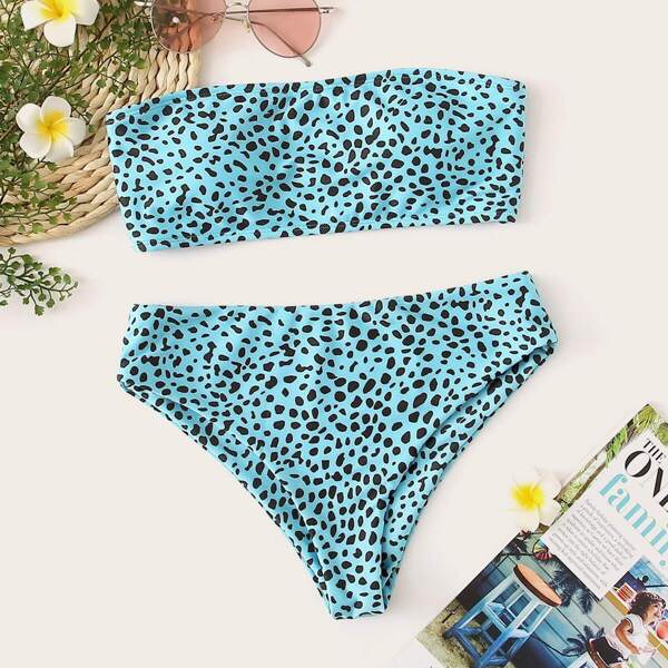 

Dot Print Bandeau With Panty Bikini Set, Blue