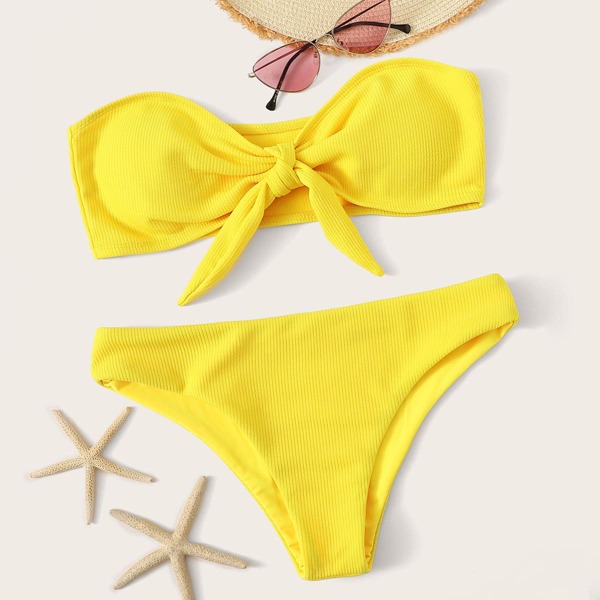 

Ribbed Tie Front Bandeau Bikini Set, Yellow bright