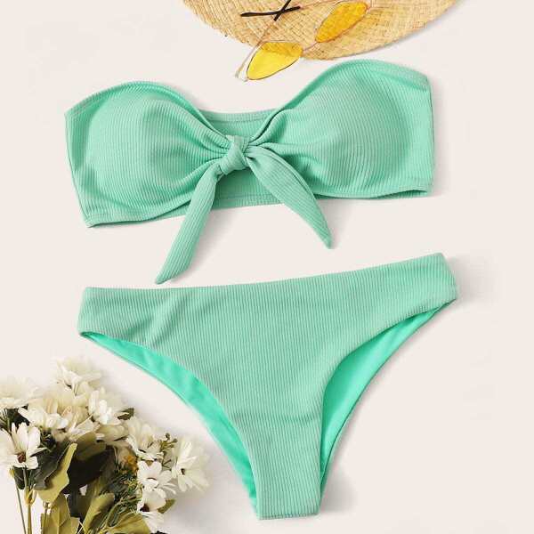 

Ribbed Tie Front Bandeau Bikini Set, Green