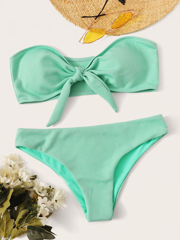 

Ribbed Tie Front Bandeau Bikini Set, Green