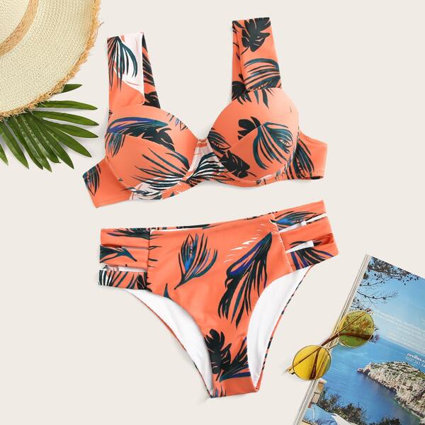 

Tropical Print Bustier Top With Cut Side Bikini Set