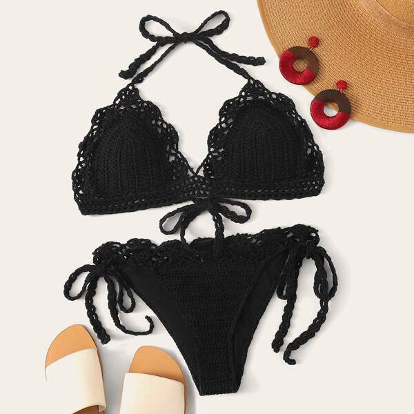

Scalloped Trim Crochet Halter Top With Tie Side Bikini
