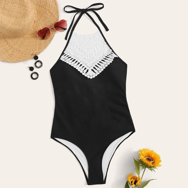 

Crochet Lace Panel Halter One Piece Swimsuit
