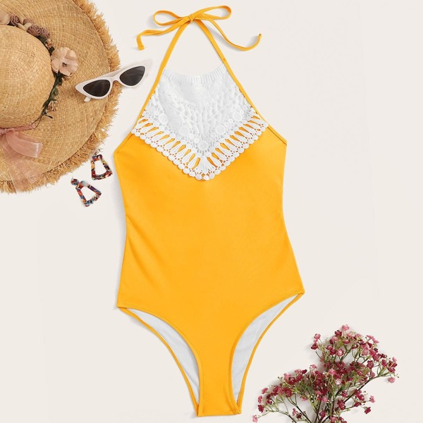 

Crochet Lace Panel Halter One Piece Swimsuit