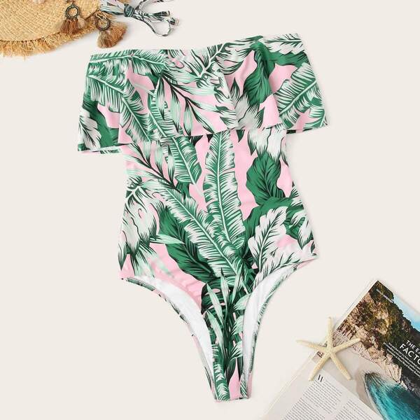 

Removable Strap Jungle Print Flounce One Piece Swim