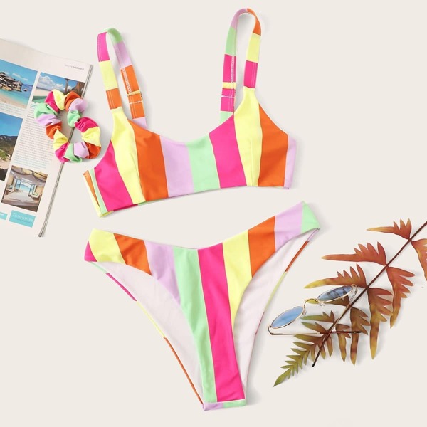 

Striped High Cut Bikini Set With Hair Tie, Multicolor