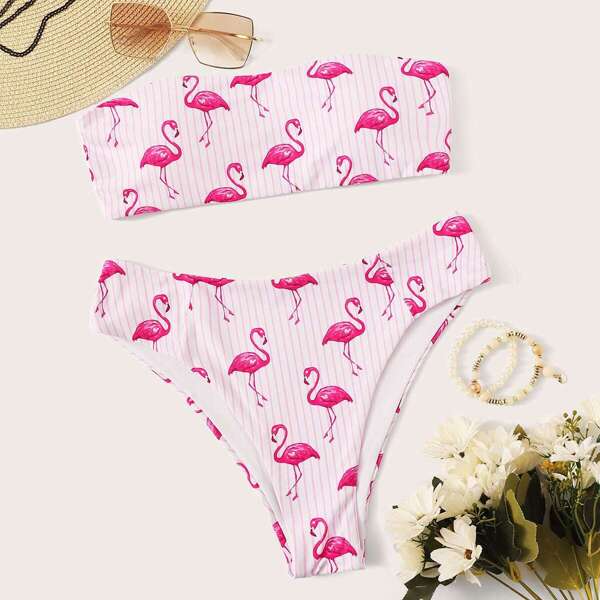 

Flamingo Print Bandeau Bikini Set