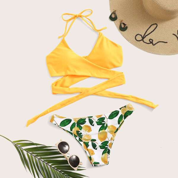 

Wrap Halter Top With Random Lemon Print Bikini, Multicolor