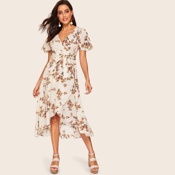 

70s Flutter Sleeve Botanical Overlap Dress