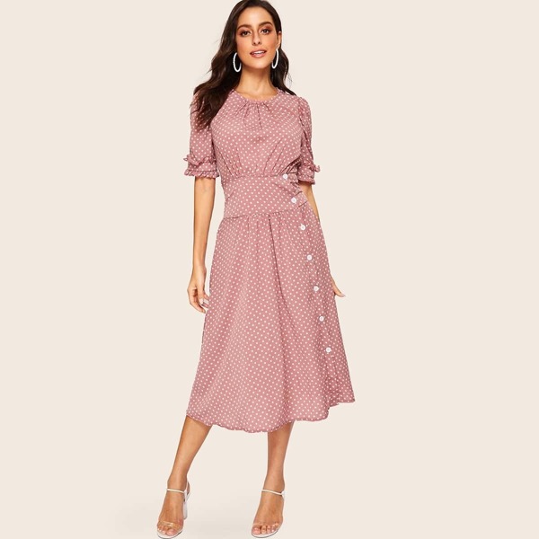 

60s Polka Dot Button Front Corset Dress