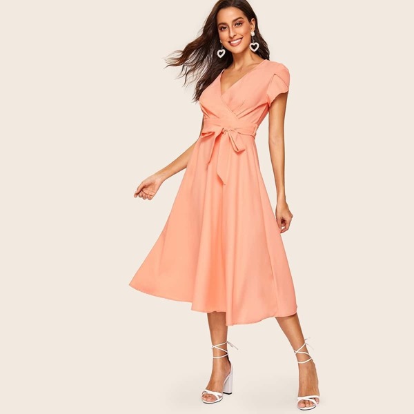

60s Petal Sleeve Belted Surplice Dress, Pink