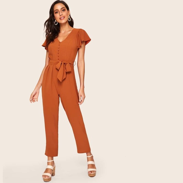 

Flutter Sleeve Buttoned Solid Jumpsuit