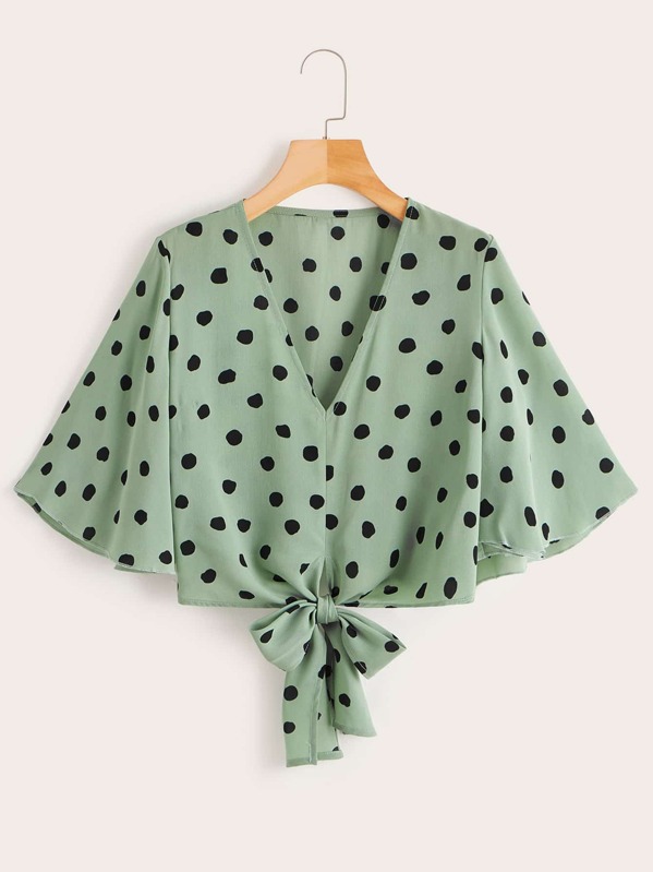 Polka Dot Knot Hem Blouse, Green