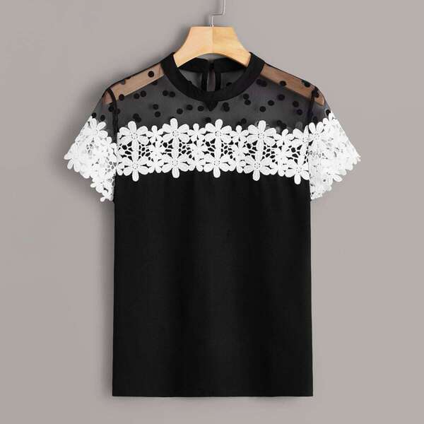 

Dot Mesh & Guipure Lace Panel Blouse