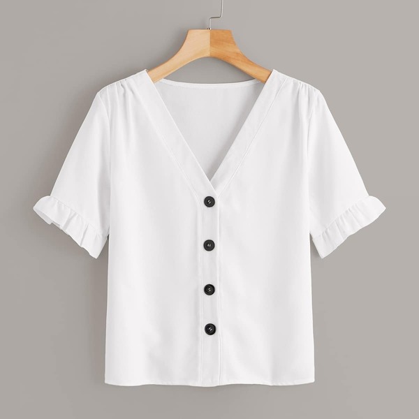 

V-neck Button Front Blouse, White