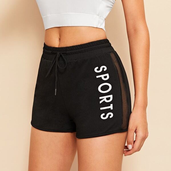 

Fishnet Mesh Insert Letter Print Shorts
