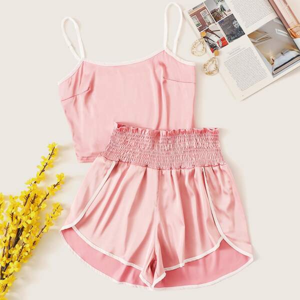 

Satin Contrast Binding Cami Top With Shirred Waist Shorts