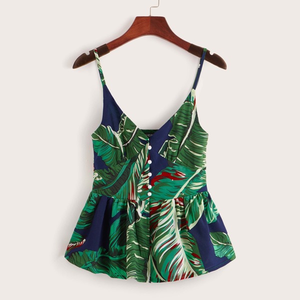 

Button Front Tropical Print Peplum Cami Top