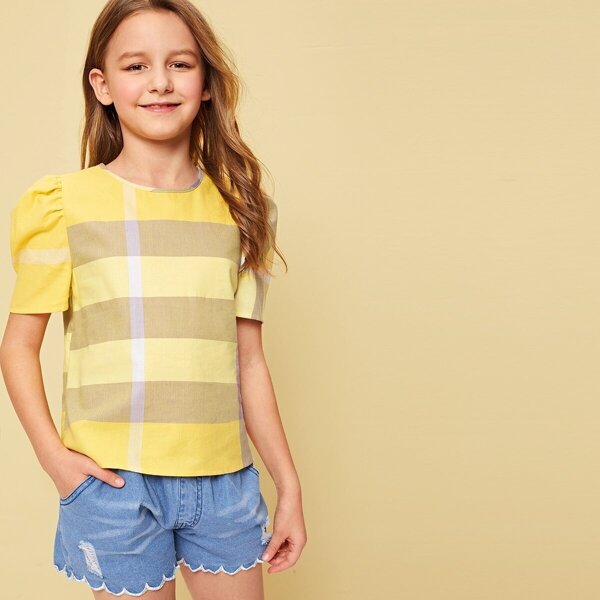 

Girls Puff Sleeve Wide Striped Blouse, Yellow