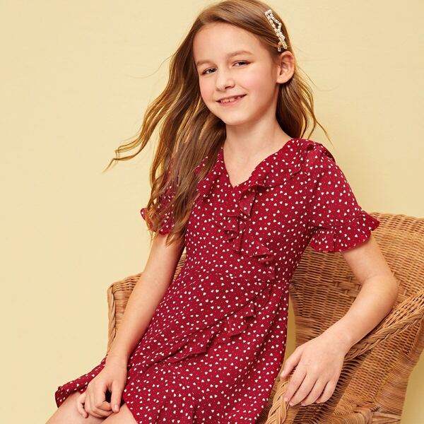 

Girls Allover Heart Print Ruffle Trim Dress, Burgundy