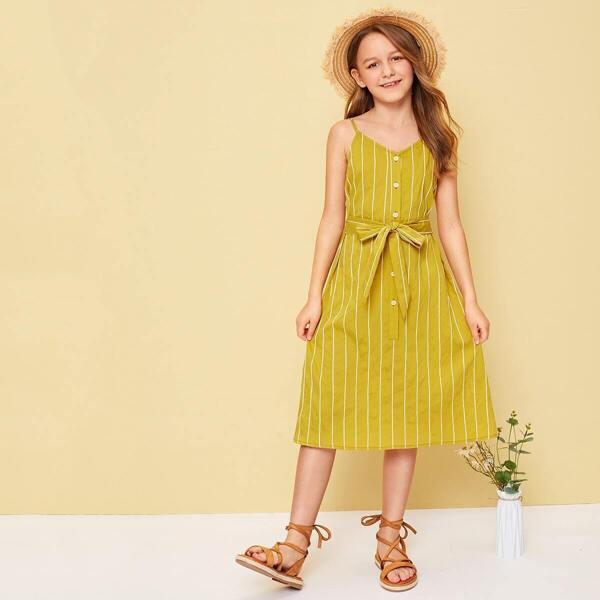 

Girls Vertical Stripe Print Buttoned Cami Dress