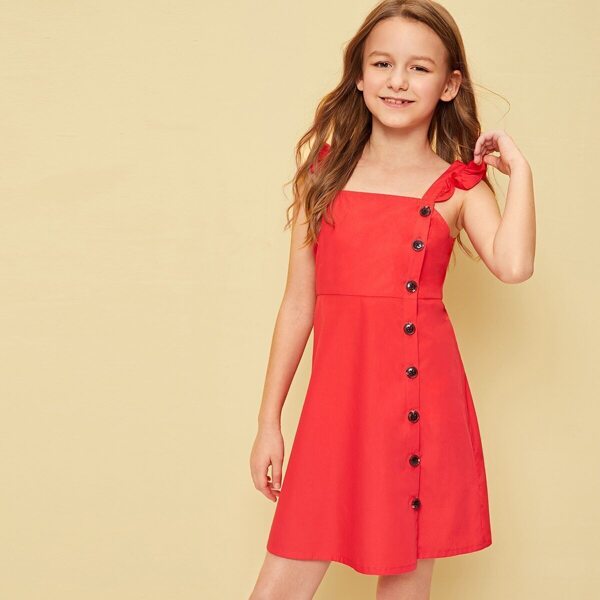 

Girls Buttoned Front Ruffle Strap Dress
