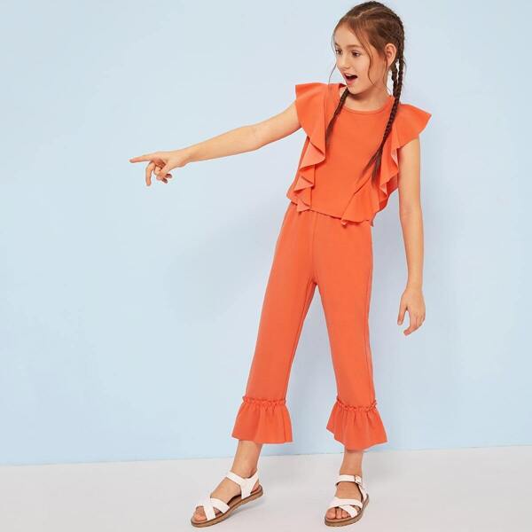 

Girls Ruffle Trim Top & Flare Hem Pants Set, Orange