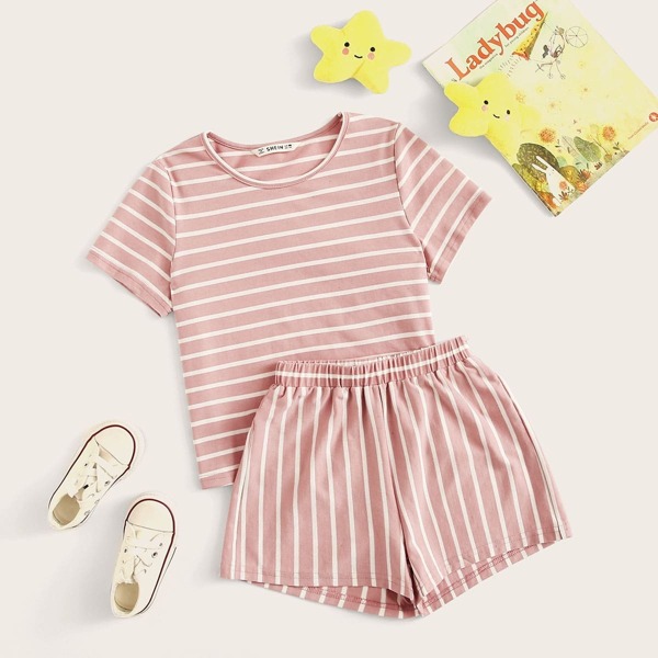 

Girls Striped Tee & Elastic Waist Shorts Set