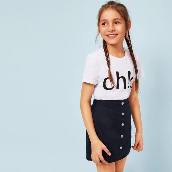 

Girls Letter Print Top & Buttoned Skirt Set, Black and white