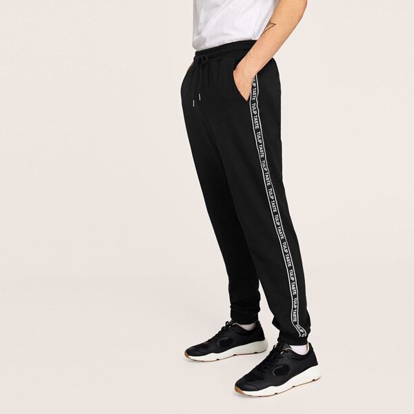 

Men Slant Pocket Letter Tape Side Sweatpants, Black