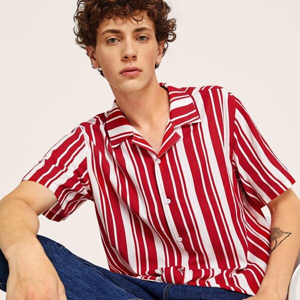 

Men Revere Collar Striped Shirt, Red