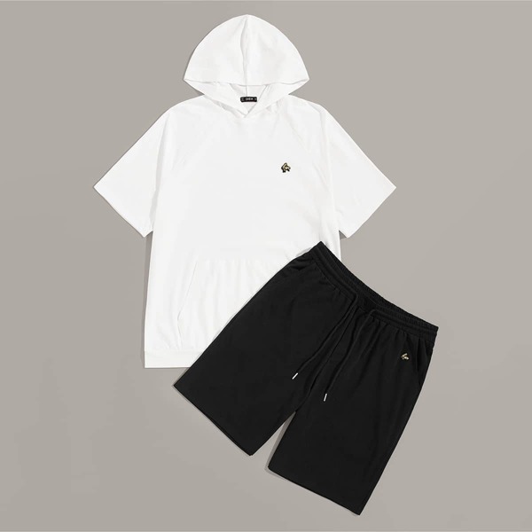 

Men Embroidery Bee Patched Hoodie Top & Drawstring Shorts Set
