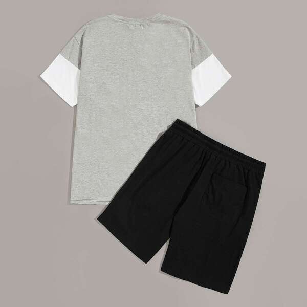 

Men Letter Graphic Colorblock Tee and Shorts Set, Multicolor