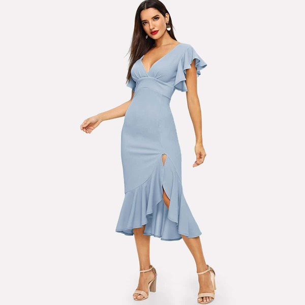 

Flutter Sleeve Asymmetrical Ruffle Hem Dress