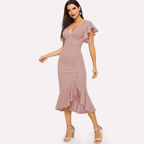 

Flutter Sleeve Asymmetrical Ruffle Hem Dress, Pink
