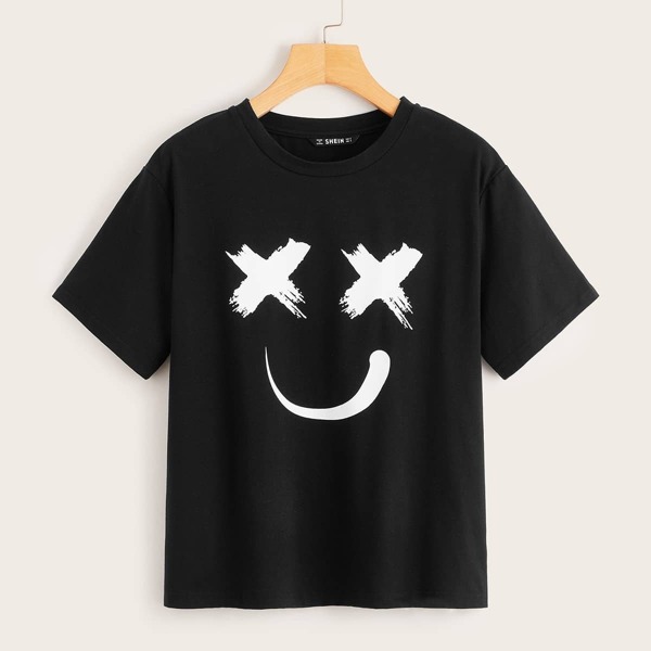 

Smile Facing Print T-shirt, Black