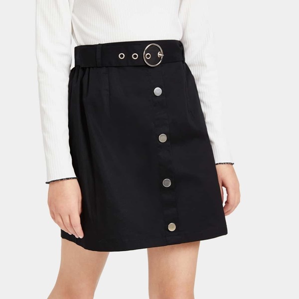 

Girls Buckle Belted Button Front Skirt