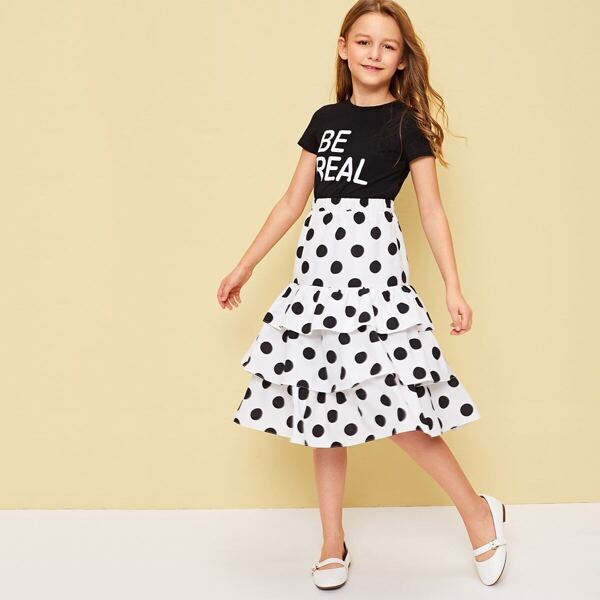 

Girls Slogan Tee & Layered Ruffle Hem Polka Dot Skirt Set