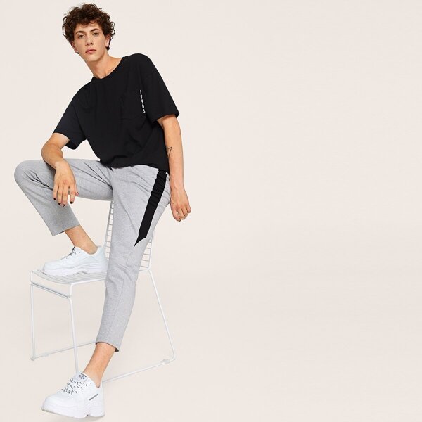 

Men Contrast Panel Drawstring Marled Pants