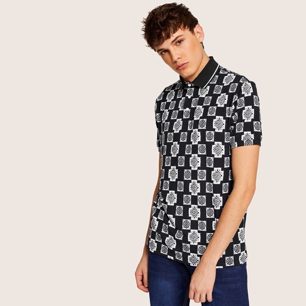 

Men Allover Flower Print Striped Collar Polo Shirt