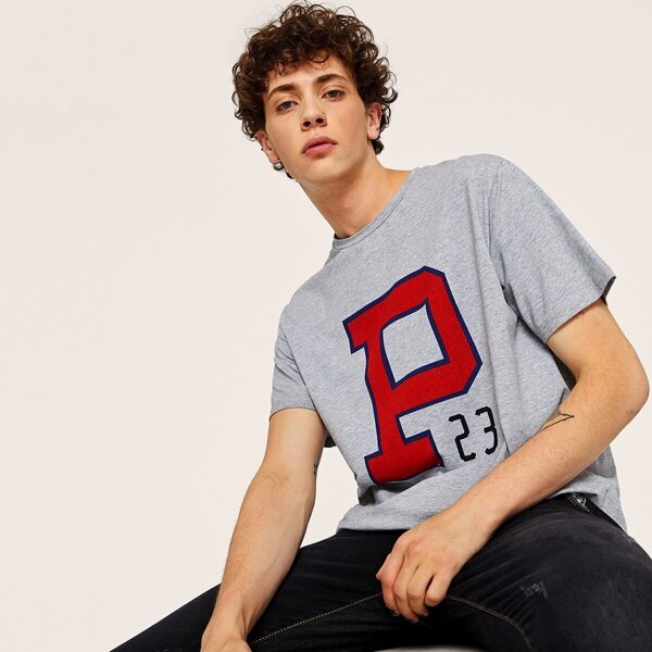 

Men Letter & Number Print Marled T-shirt
