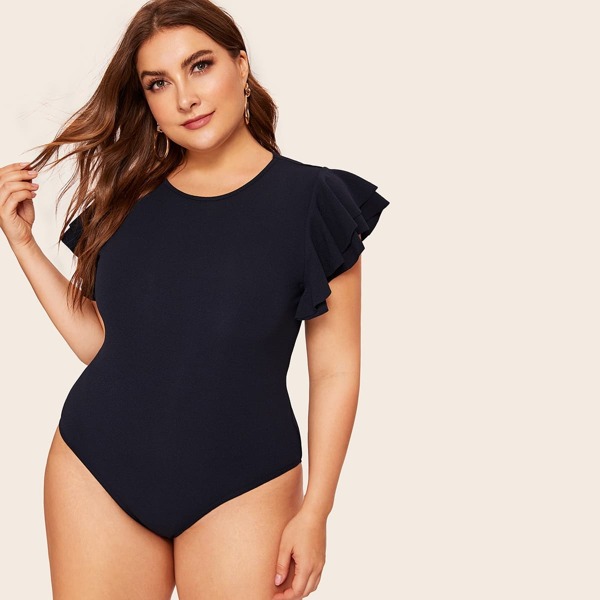 

Plus Ruffle Armhole Solid Bodysuit, Navy