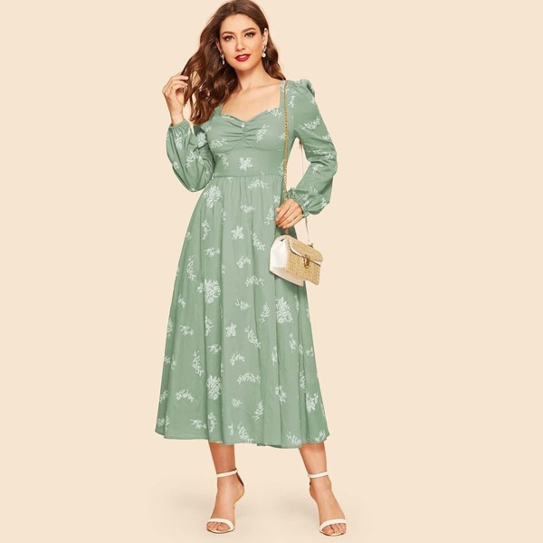 

Ruched Front Lantern Sleeve Floral Dress, Green pastel