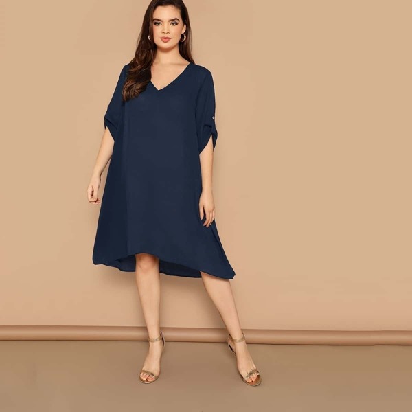 

Plus Roll-up Sleeve Dip Hem Tunic Dress, Navy