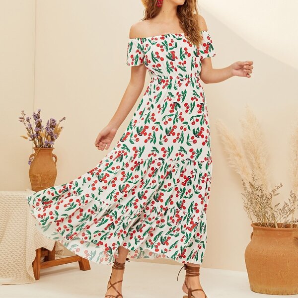 

Cherry Print Off Shoulder Pep Hem Flowy Dress, Multicolor