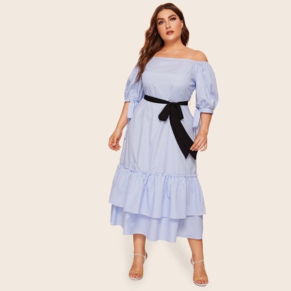 

Plus Off Shoulder Knot Cuff Ruffle Hem Belted Dress, Blue